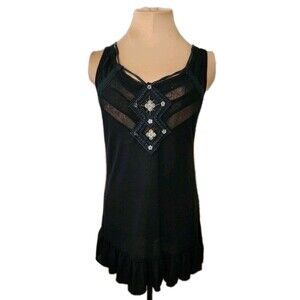 Murmur Black Boho Tunic Tank Top Women’s Medium – Embellished Festival Y2K